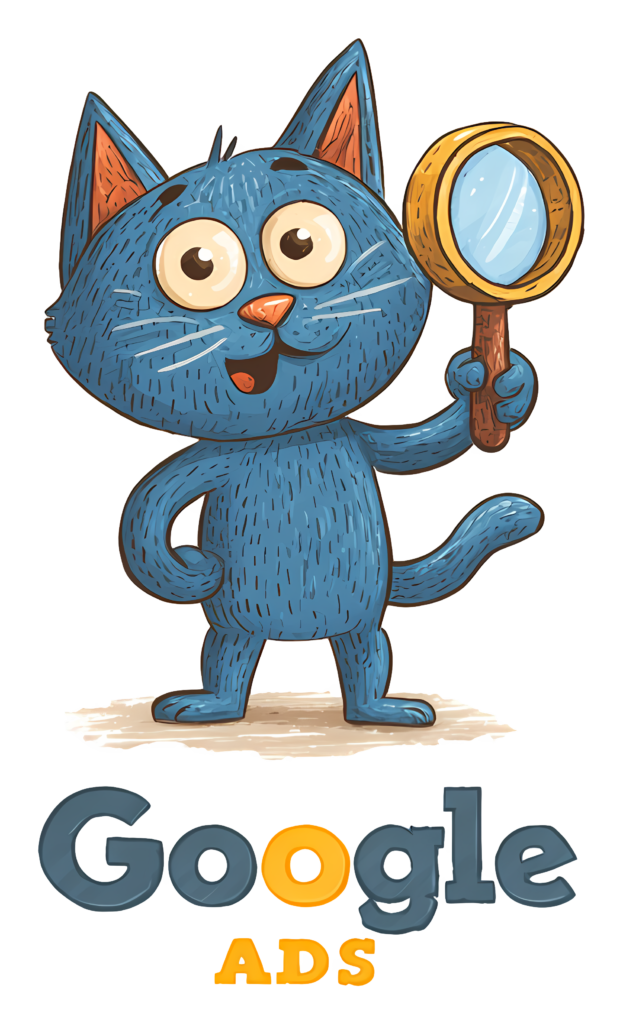 Illustration of a cartoon cat holding a magnifying glass representing Google Ads and online advertising