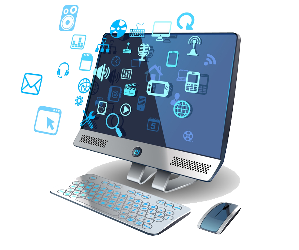 Desktop computer with digital icons representing online marketing, web development and digital tools