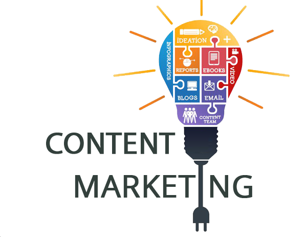 Content marketing concept illustration with light bulb showing blogs, videos, emails and infographics