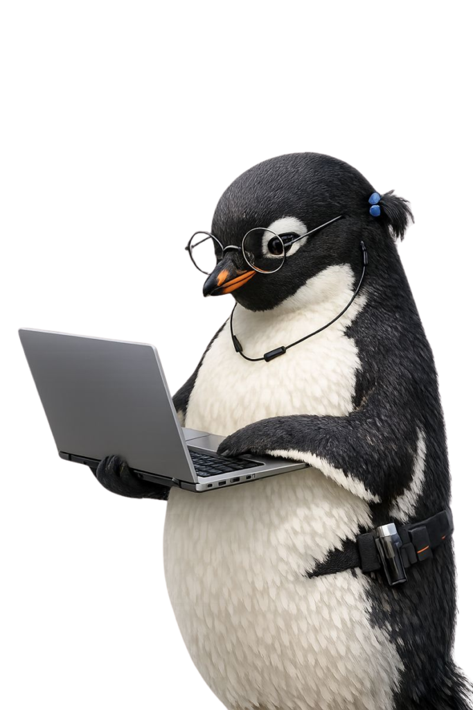 Tech-savvy penguin character wearing round glasses and working on a laptop, representing a focused digital marketer